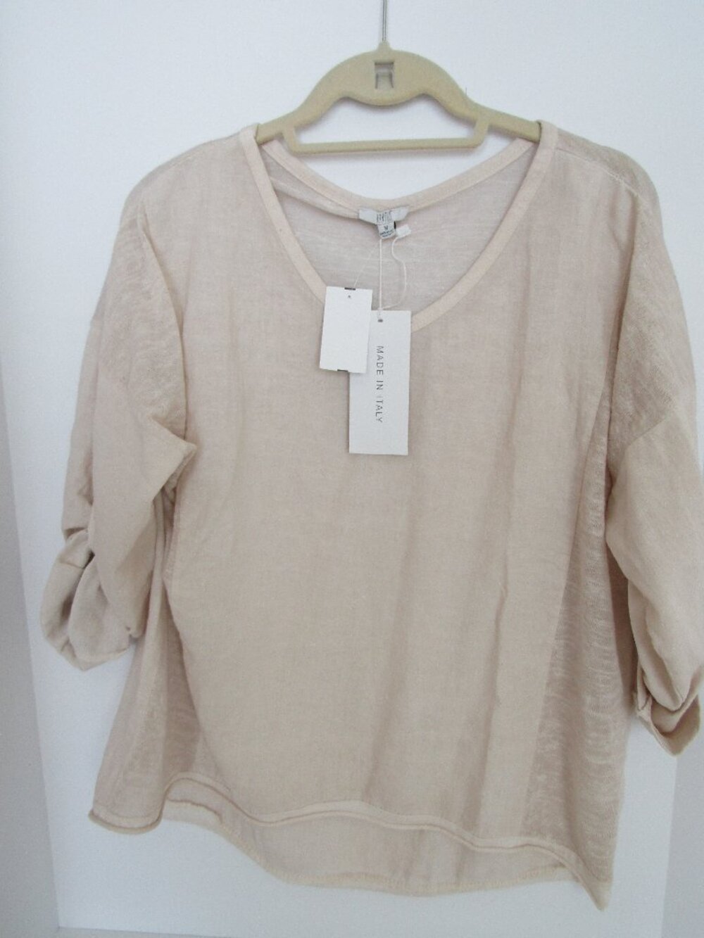 Kaktus 100% Linen Top M Made in Italy , Natural Color, Roll Tab Sleeves, Resort